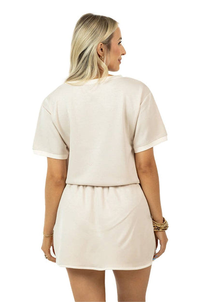 Beige and White Contrast Top and Skirt Set: Beige