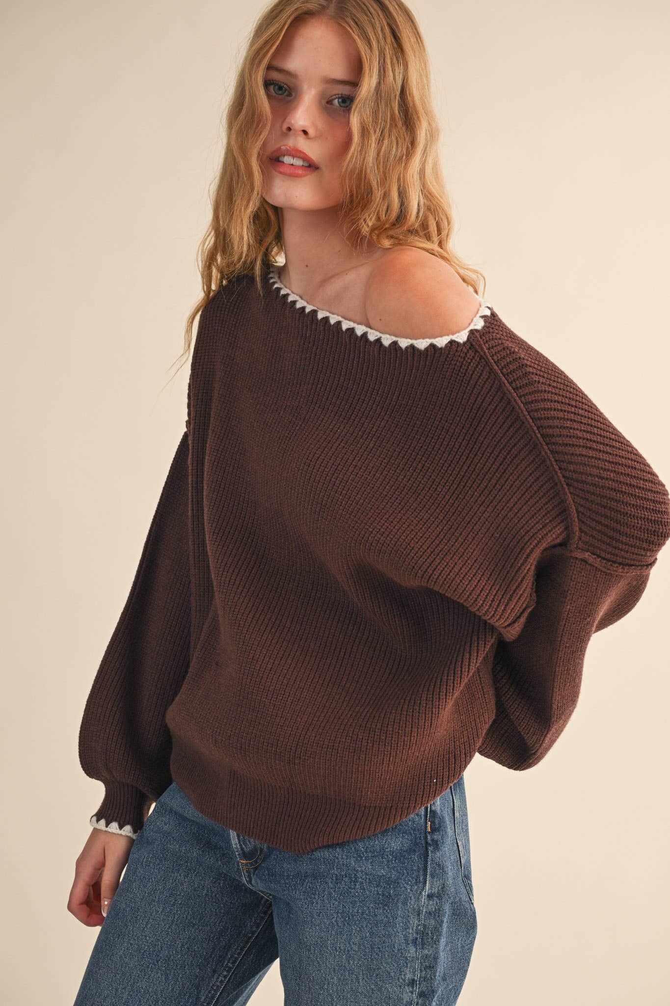 BOAT NECK TRIANGLE STITCH PUFF SLEEVE SWEATER MSW11245: MINT BURGUNDY