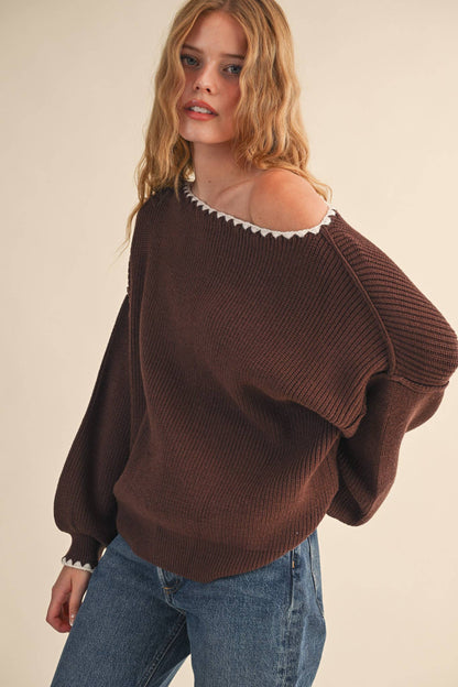 BOAT NECK TRIANGLE STITCH PUFF SLEEVE SWEATER MSW11245: MINT BURGUNDY