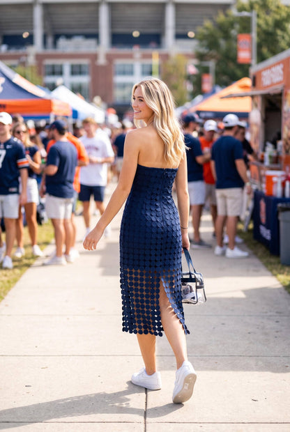Strapless circle Lace Fringe Midi Tube Dress: NAVY