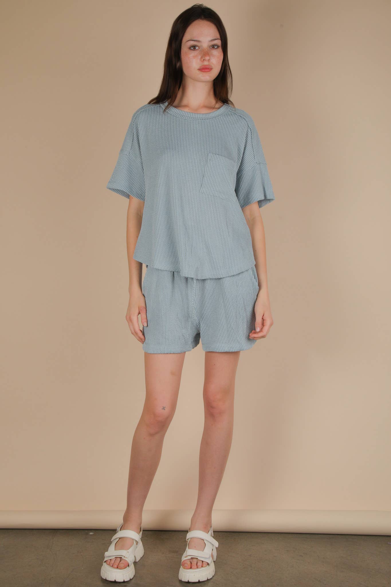 NT12017SET-Oversized Two Tone Double Knit Top & Shorts: SKY BLUE