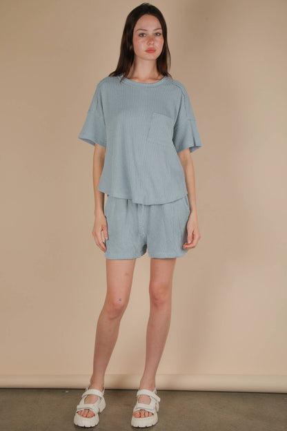 NT12017SET-Oversized Two Tone Double Knit Top & Shorts: SKY BLUE