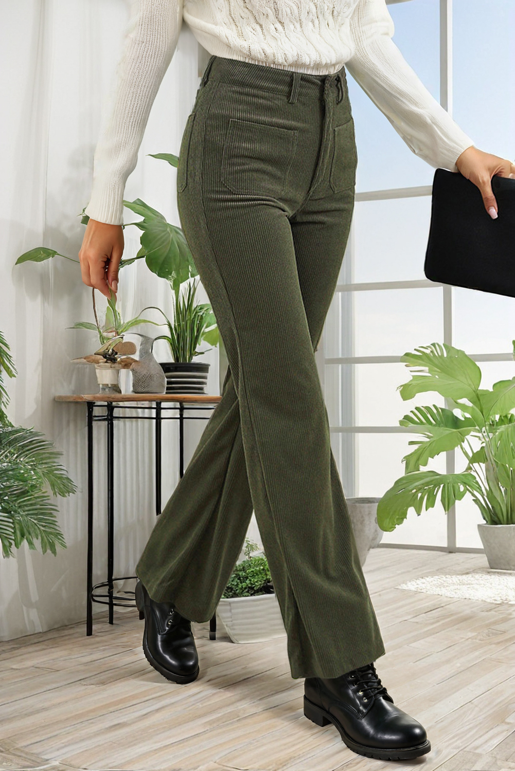 High Waist Square Pockets Corduroy Pants: Brown / XL