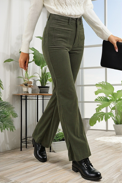 High Waist Square Pockets Corduroy Pants: Brown / M