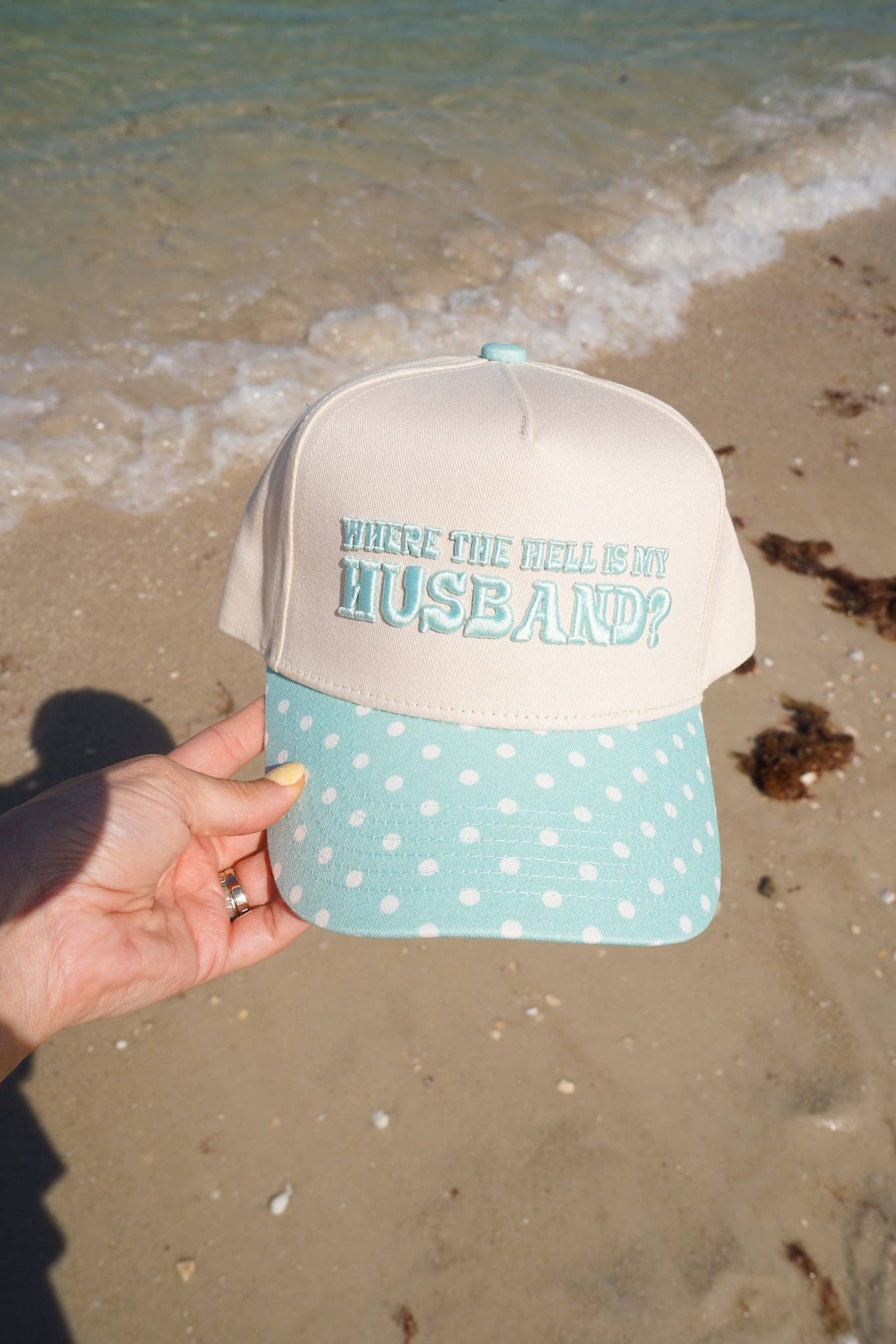 Where is my Husband? - Baby Blue Polka Dot Trucker