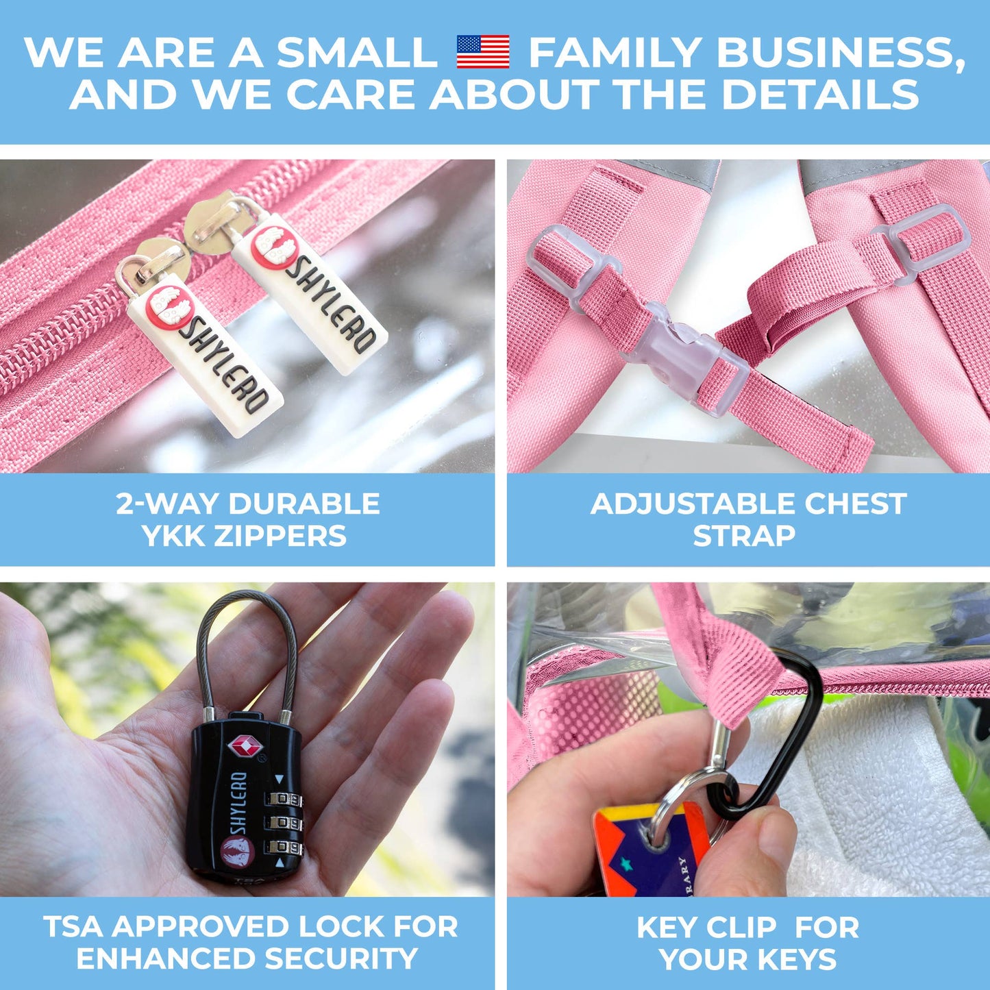 Clear Backpack For School XL | Top YKK® Zip | Pink Rhino: Pink Rhino