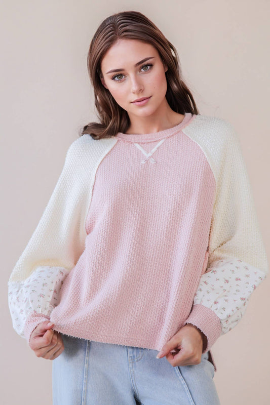 NT12328-Raglan Sleeve Color Block Casual Textured Knit Top: BABY BLUE