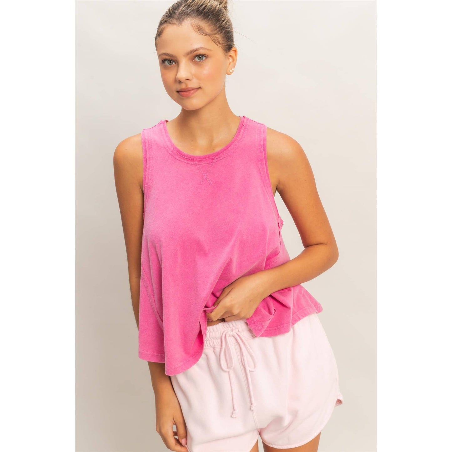 Raw Edge Details Sleeveless Washed Top: FUCHSIA