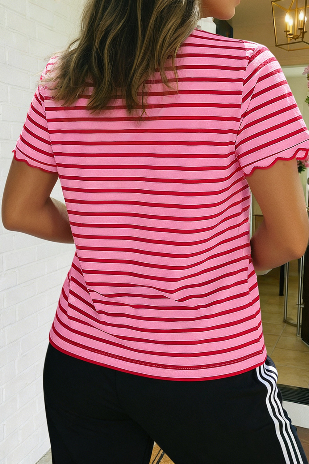LAS Stripe Scalloped Trim Round Neck T Shirt : Red / Missy