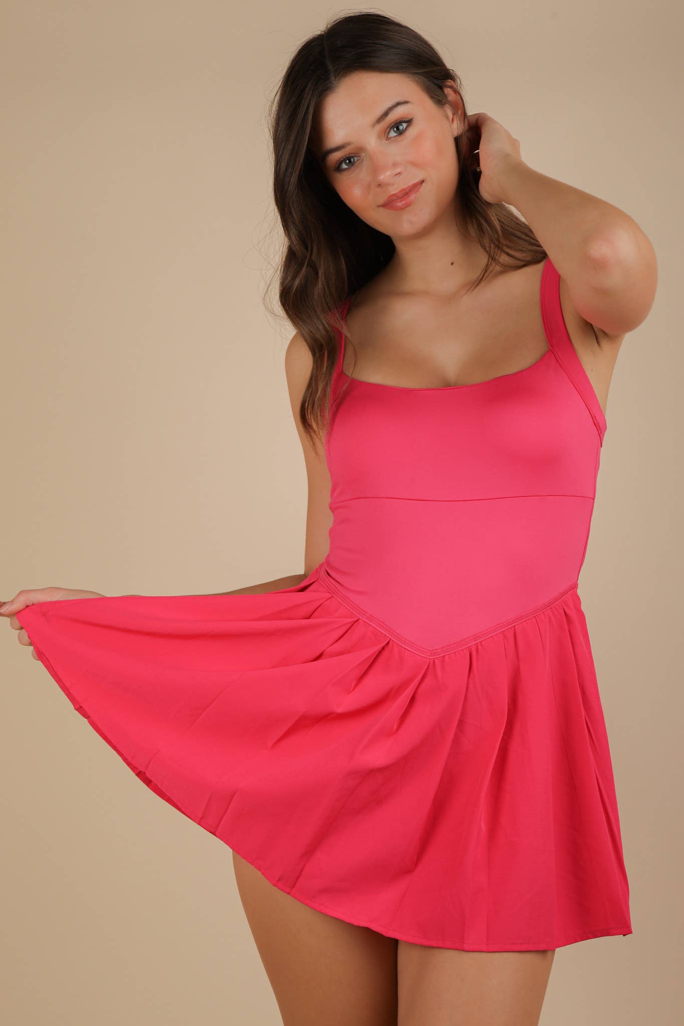 ND31725-Pleated Skirt Activewear Dress W/ Under Shorts: HOT PINK