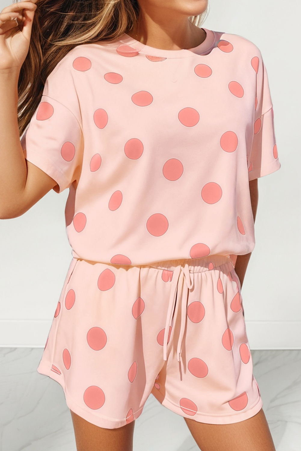LAS Polka Dot Print Loose Tee Drawstring Short Set (S-XL): Beige / Missy