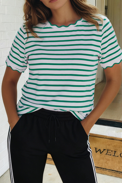 LAS Stripe Scalloped Trim Round Neck T Shirt : Red / Missy