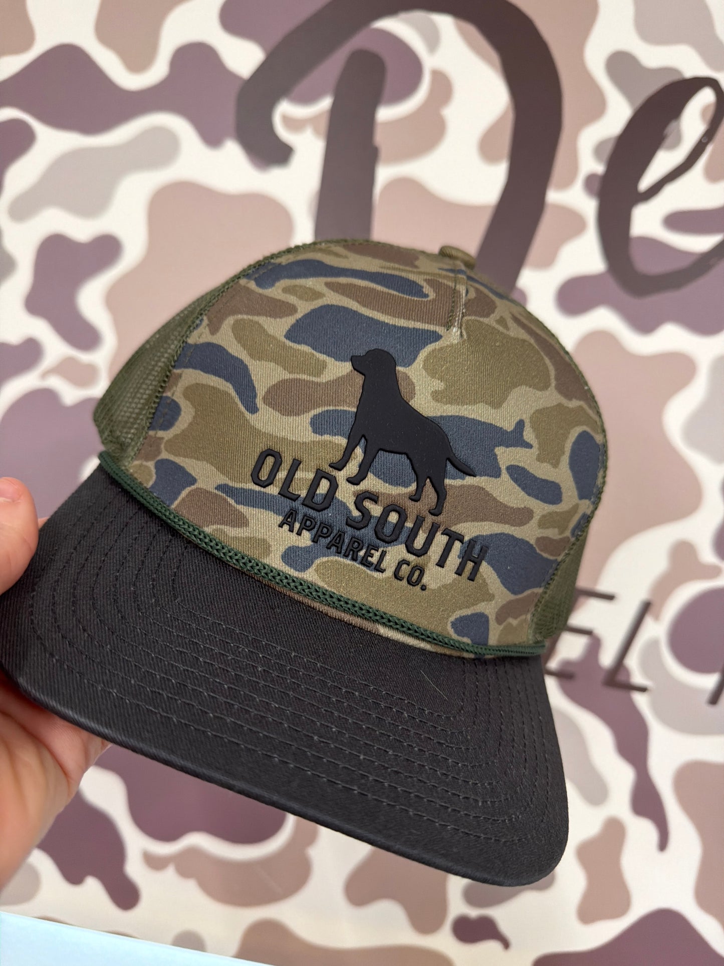 Old South Dog Outline With Thicket Camo - Trucker Hat - Thicket Camo