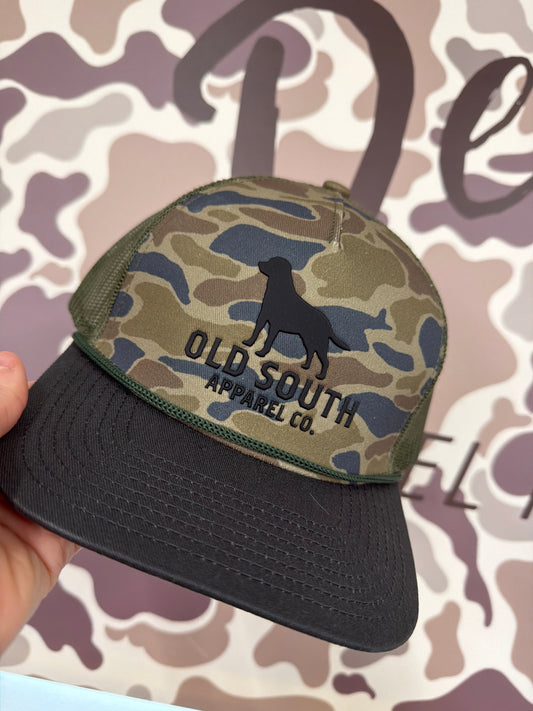Old South Dog Outline With Thicket Camo - Trucker Hat - Thicket Camo