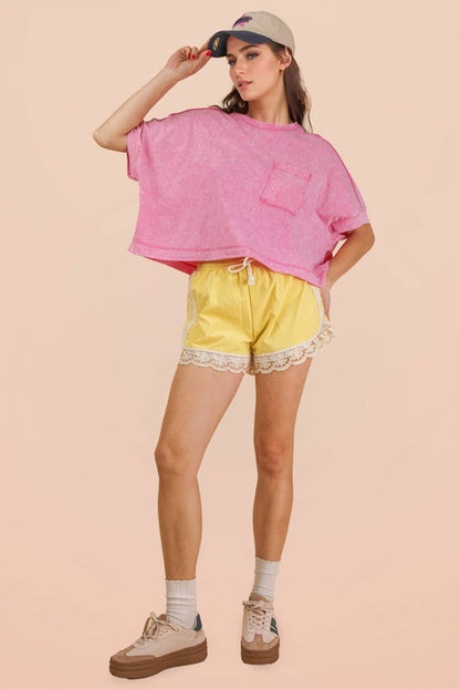 NT11429-Mineral Washed Oversized Crop Comfy Knit Top: BLUE
