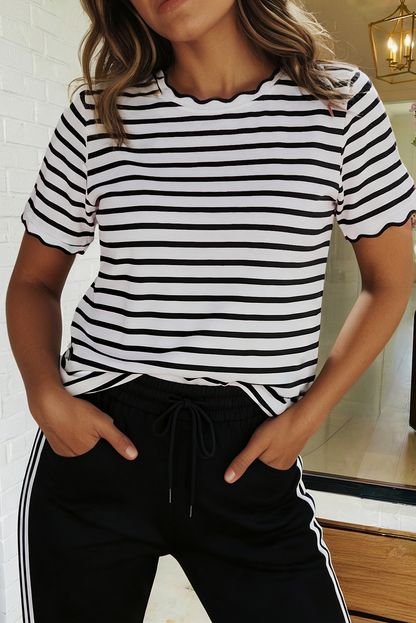LAS Stripe Scalloped Trim Round Neck T Shirt : Red / Missy