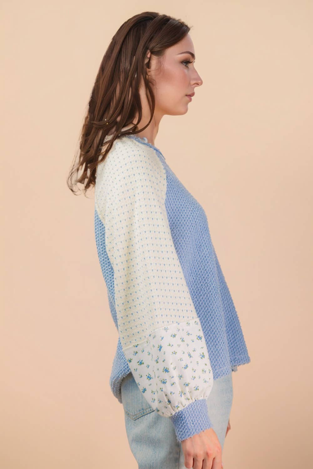 NT12328-Raglan Sleeve Color Block Casual Textured Knit Top: BABY BLUE