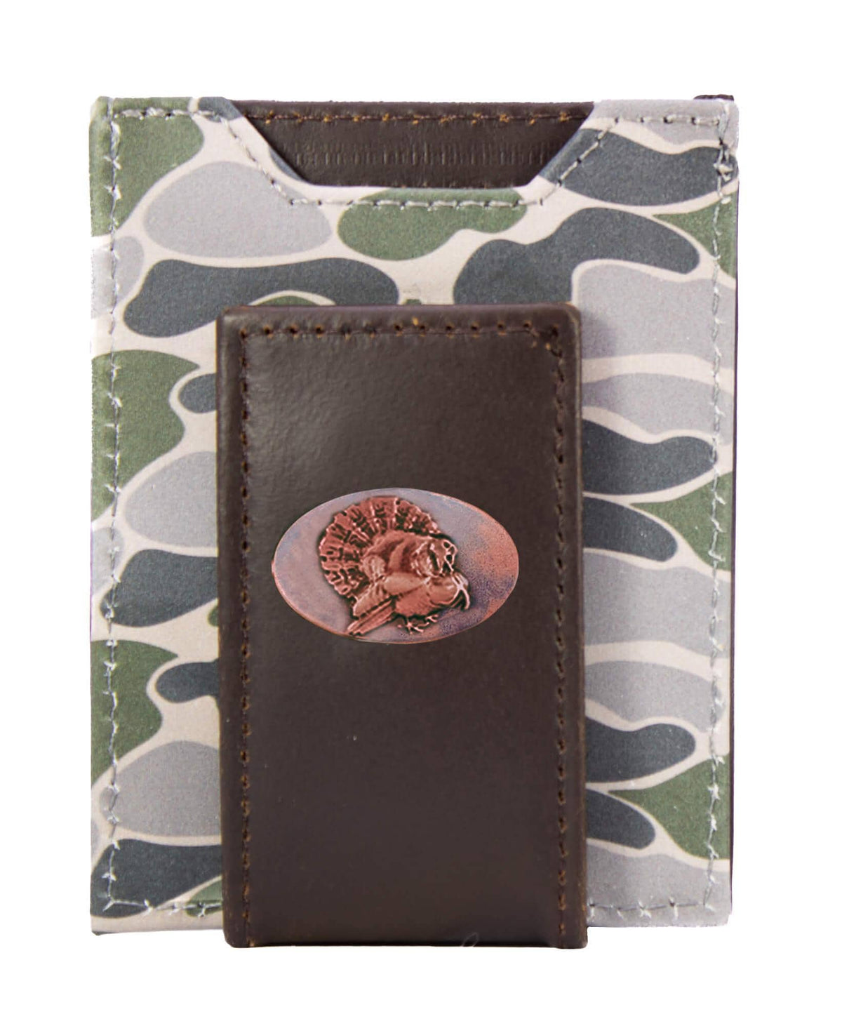 Turkey Men's Magnetic Front Pocket Old School Camo Leather Wallet.: Brown/Tan Camo