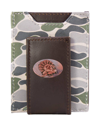 Turkey Men's Magnetic Front Pocket Old School Camo Leather Wallet.: Brown/Tan Camo
