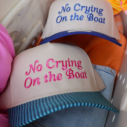 No Crying on the Boat Embroidered Trucker Hat: Blue Stripe/Pink