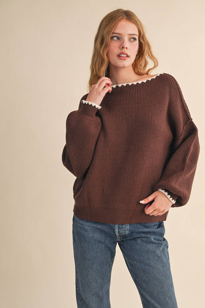 BOAT NECK TRIANGLE STITCH PUFF SLEEVE SWEATER MSW11245: MINT BURGUNDY