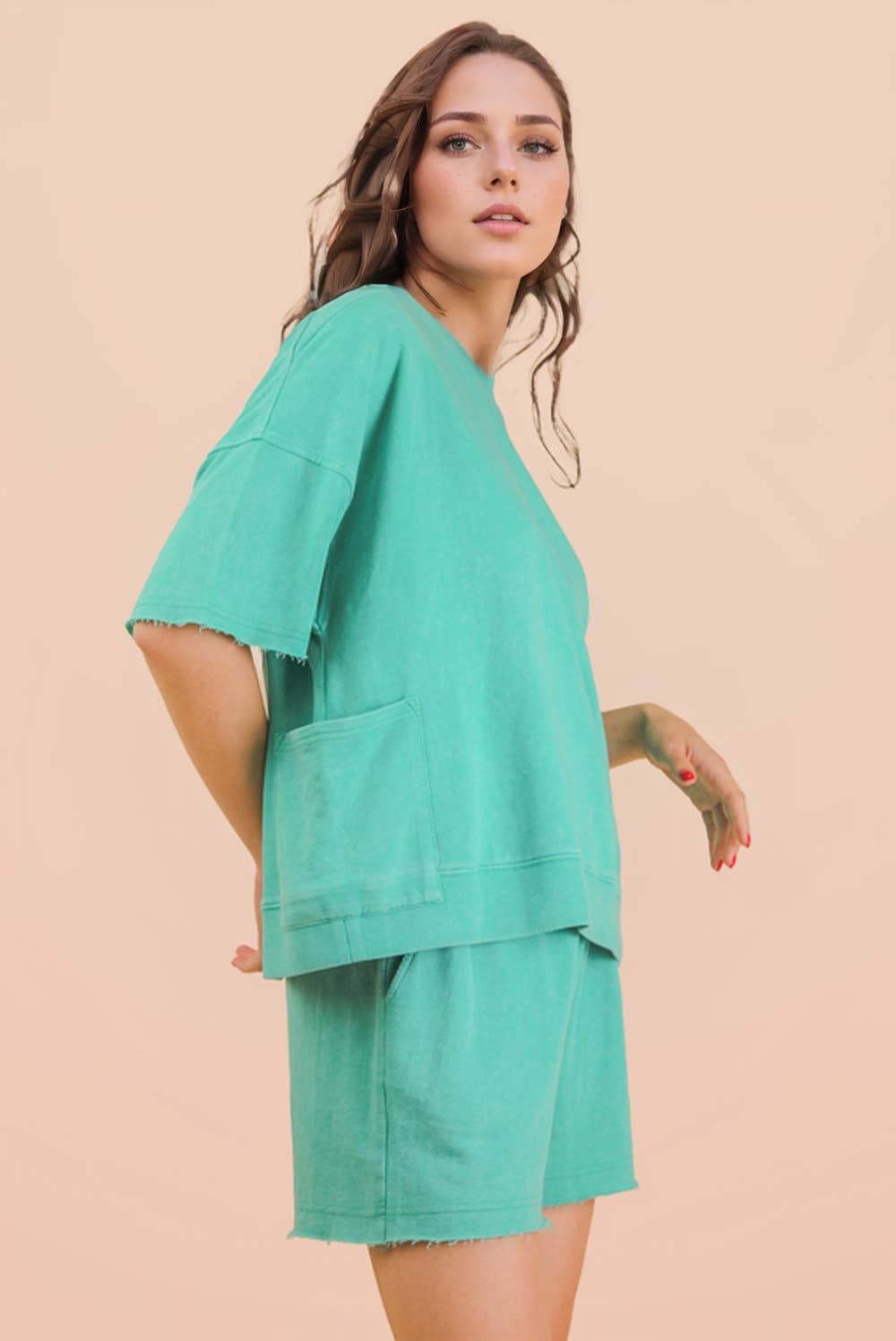 Mineral Washed Knit Casual Top & Shorts: DENIM