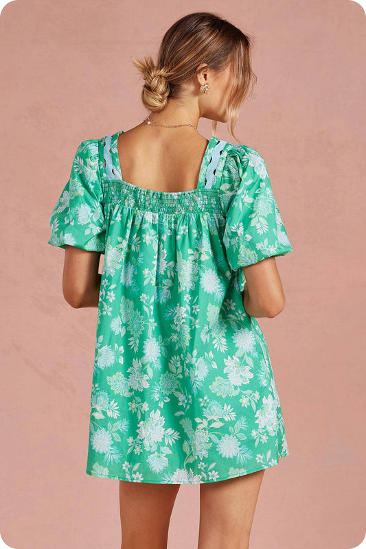 Botanical Garden Ric-Rac Puff Sleeve Mini Dress: Green Multi