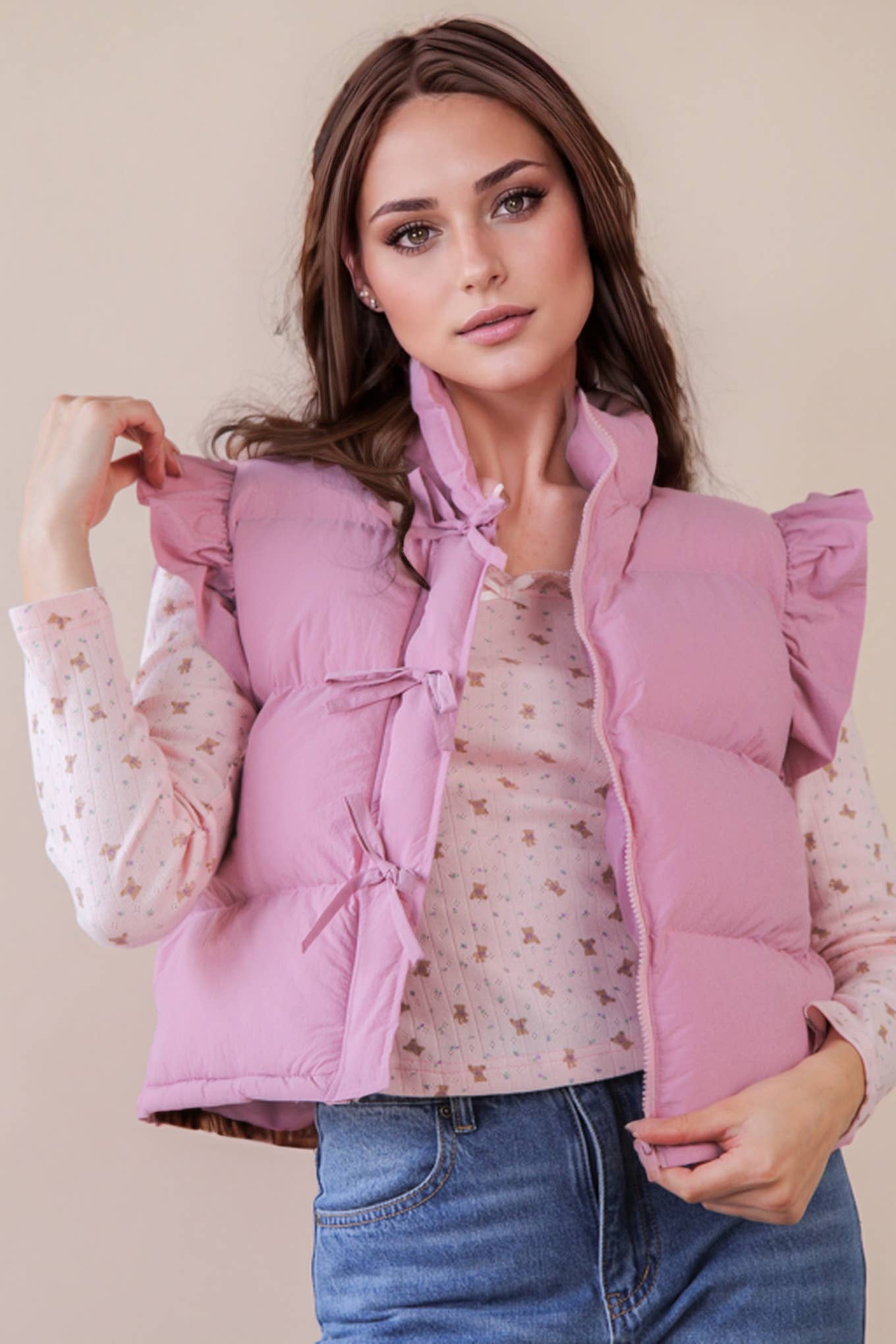 NJ90385-Front Bow Ruffle Sleeve Puffer Vest: SAGE