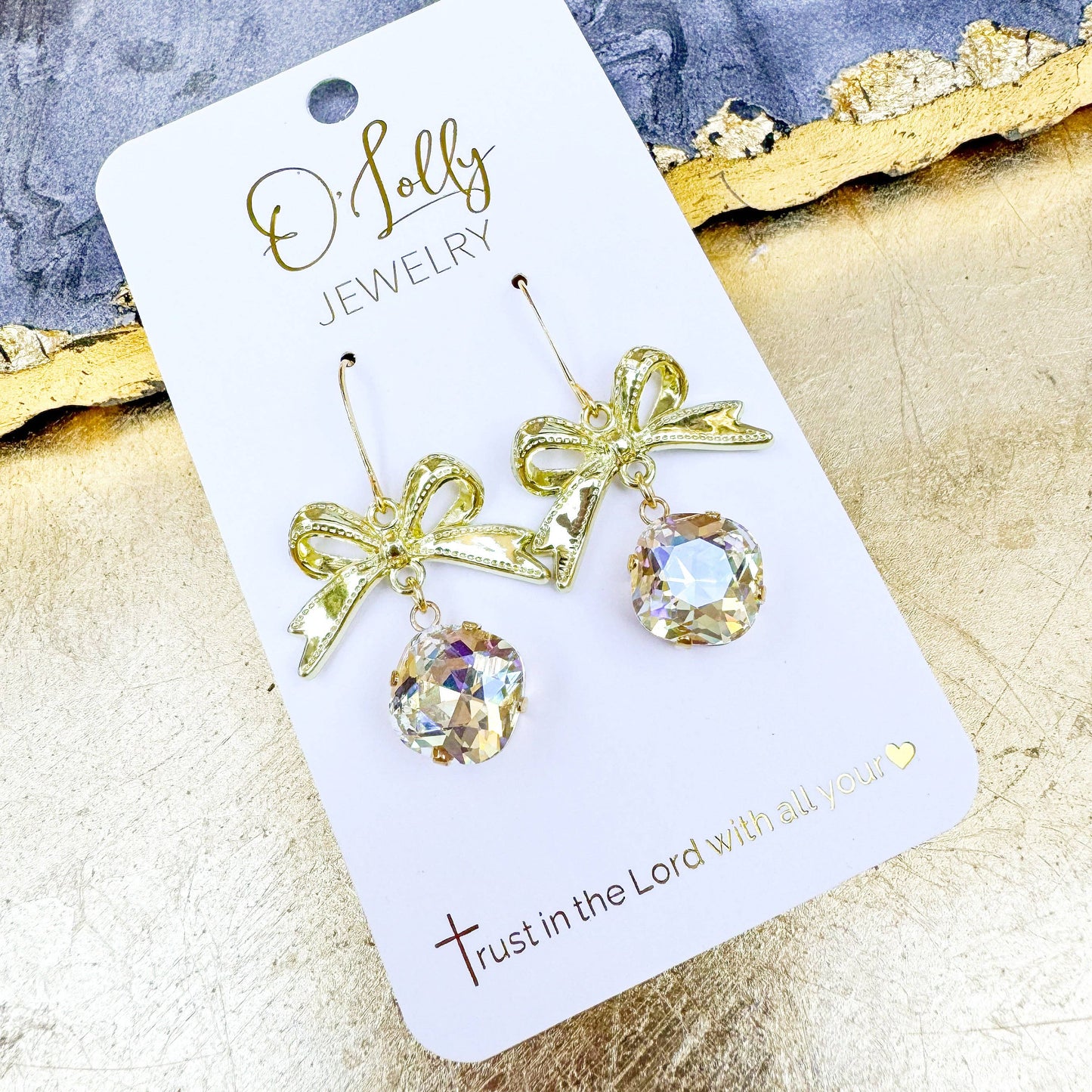 O’Lolly “Bella” Earrings- Gold Bow w/Clear Crystal Stone