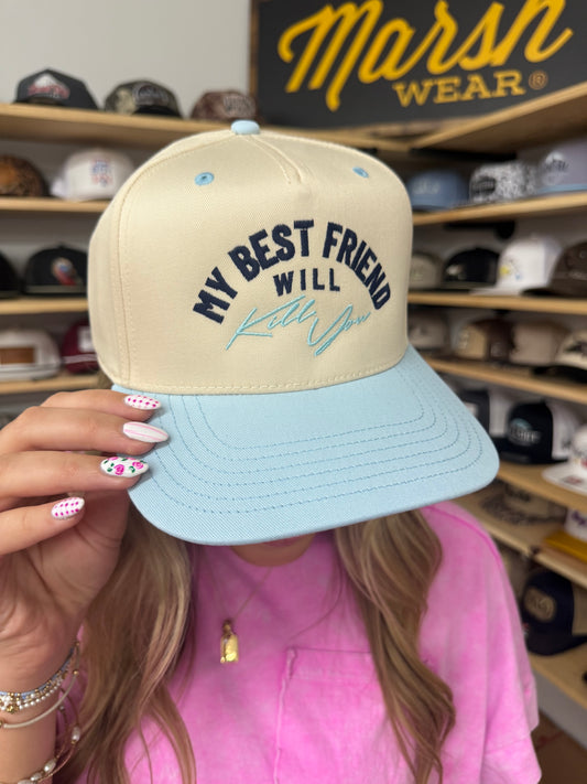 My Best Friend Will Kill You Trucker Hat: Retro Powder Blue/Natural