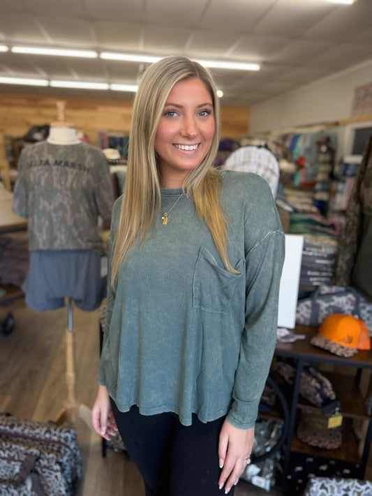 Washed Ribbed Dolman Sleeve Round Neck Top - Ash Jade - RTW-8444A