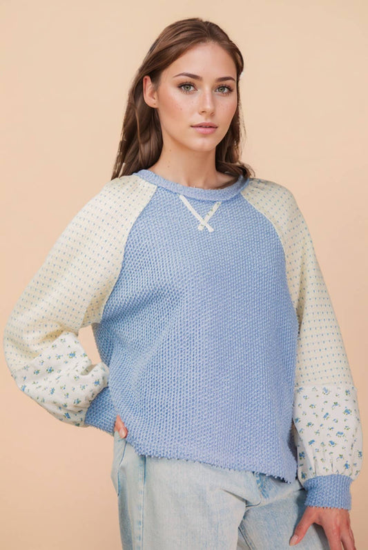 NT12328-Raglan Sleeve Color Block Casual Textured Knit Top: BABY BLUE