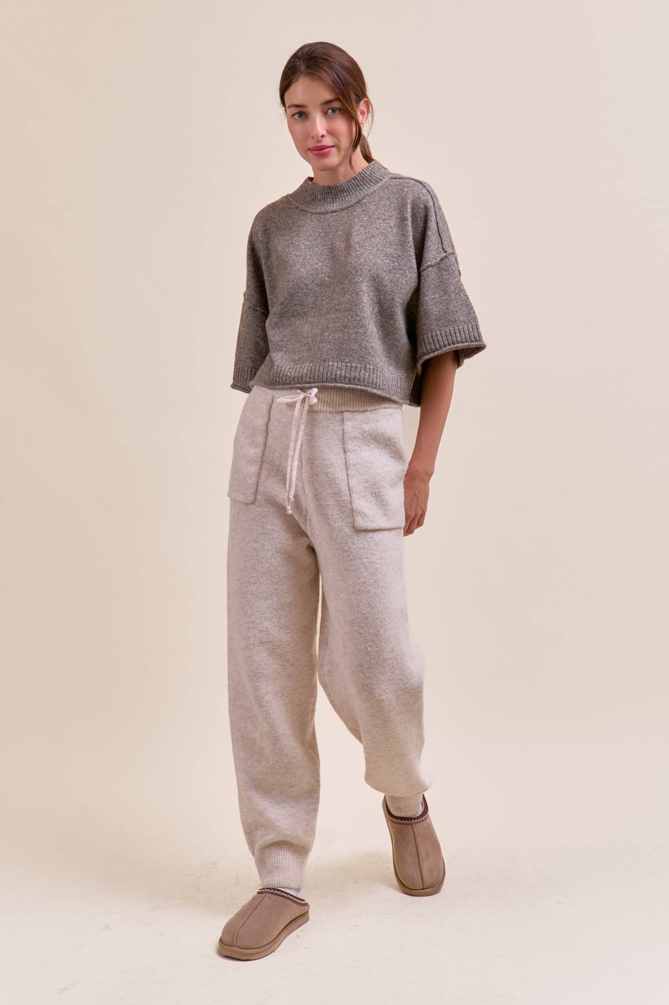 MARLED KNIT MOCK NECK SHORT SLEEVE SWEATER MSW11178: Red