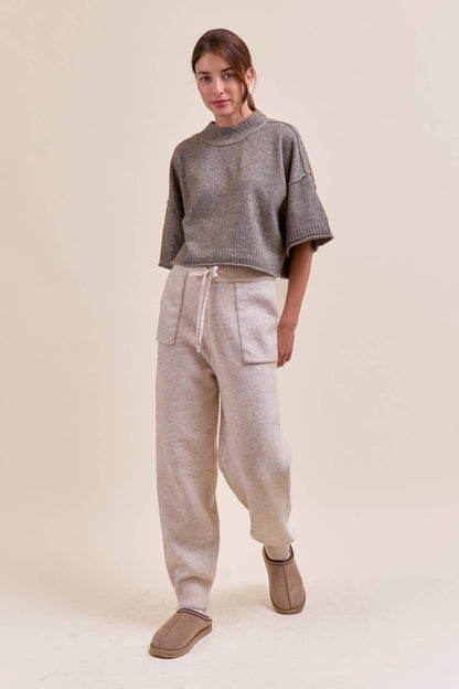 MARLED KNIT MOCK NECK SHORT SLEEVE SWEATER MSW11178: Red