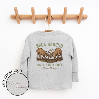 Buck Around Kids T-Shirt | Hunting & Outdoors: LS Heather Gray