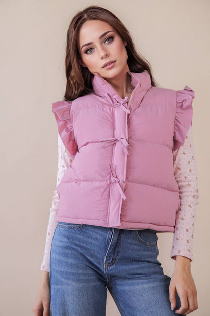 NJ90385-Front Bow Ruffle Sleeve Puffer Vest: SAGE