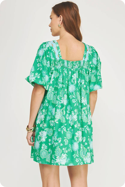 Botanical Garden Ric-Rac Puff Sleeve Mini Dress: Green Multi