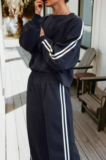 Varsity Striped Pullover Elastic Sweatpants 2pcs Outfit Black / Missy