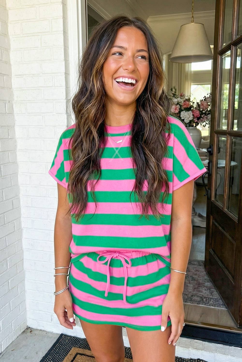 LAS Stripe Dolman Tee Drawstring Skort 2pcs Set : Yellow Stripe
