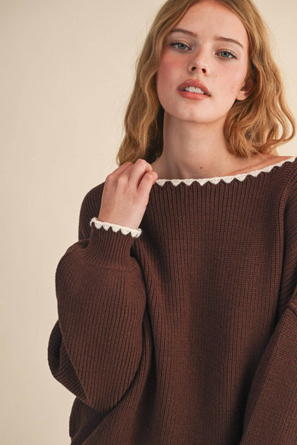 BOAT NECK TRIANGLE STITCH PUFF SLEEVE SWEATER MSW11245: CHOCOLATE CREAM