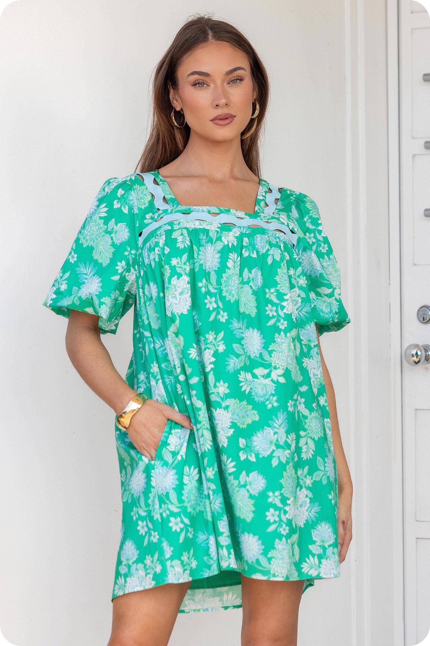 Botanical Garden Ric-Rac Puff Sleeve Mini Dress: Green Multi