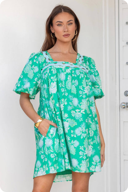 Botanical Garden Ric-Rac Puff Sleeve Mini Dress: Green Multi