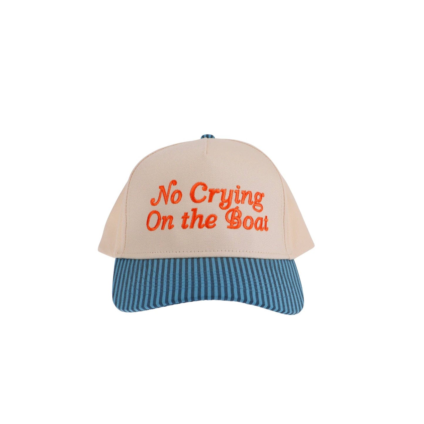 No Crying on the Boat Embroidered Trucker Hat: Blue Stripe/Pink