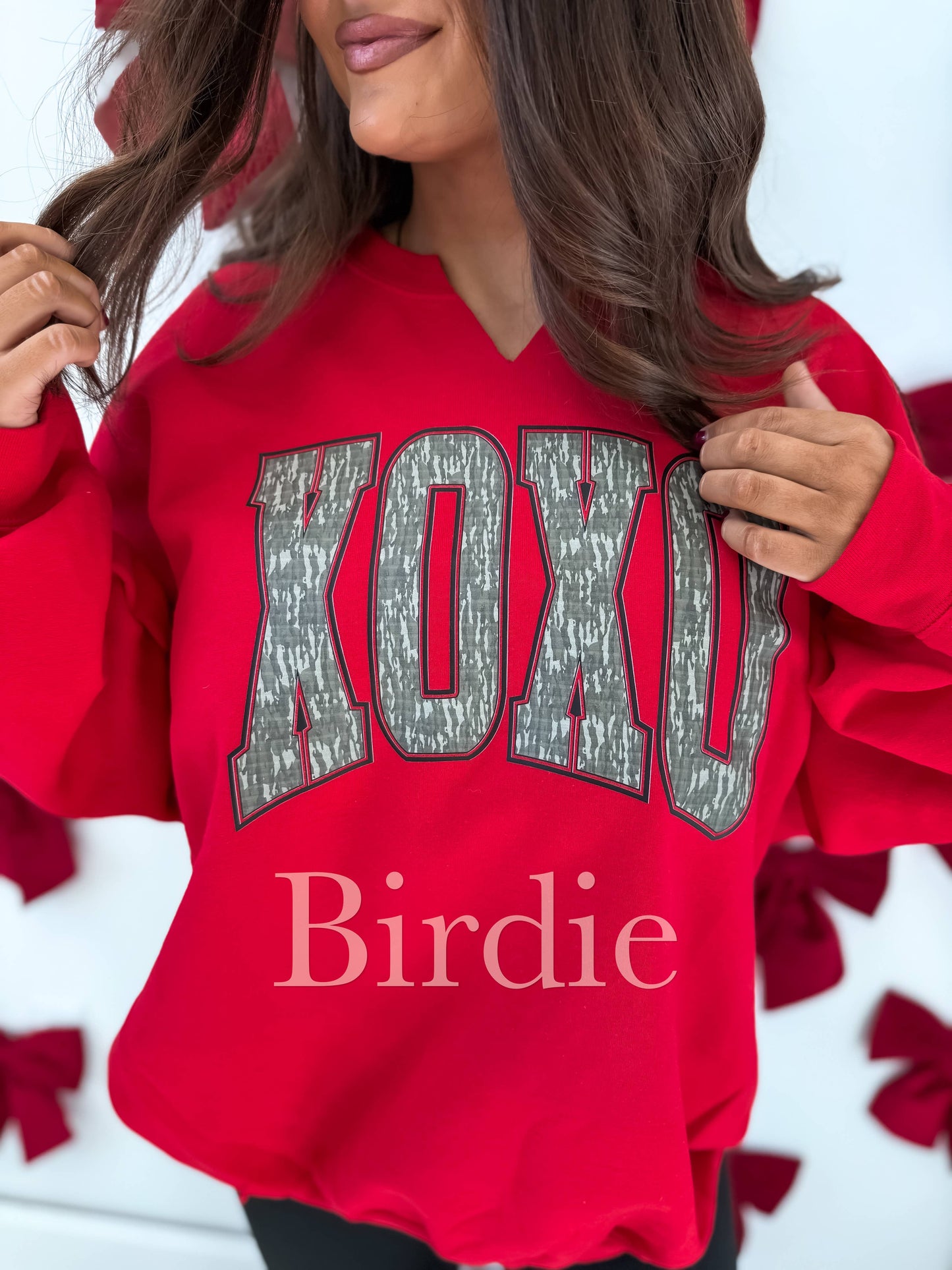 XOXO Bottomland Camo Split Neck Crewneck