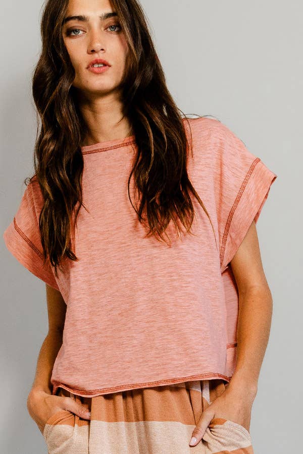 Overlap Open Back Reverse Stitched Crop Top: PEACH