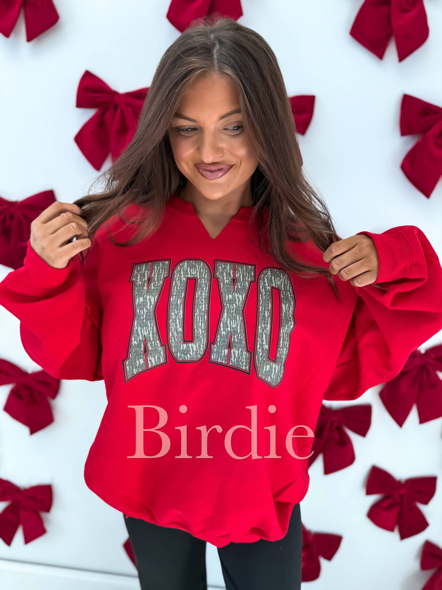 XOXO Bottomland Camo Split Neck Crewneck
