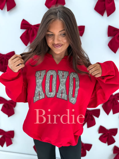 XOXO Bottomland Camo Split Neck Crewneck