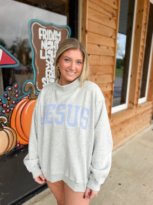 JESUS3 | 'JESUS' Applique Patch Sweatshirt: HGREY/BLUE STRIPE