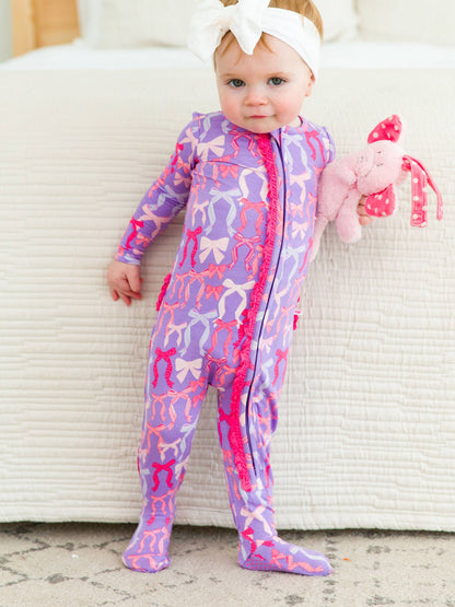 SoftSnooze™ Baby Girls Bamboo Viscose Rosy Ribbons Footed Ruffle One Piece Pajama
: Purple
