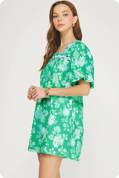 Botanical Garden Ric-Rac Puff Sleeve Mini Dress: Green Multi